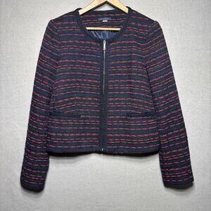 Tommy Hilfiger Tweed Zip Blazer Jacket 14 Red Navy Stripe Regency Classic Chic